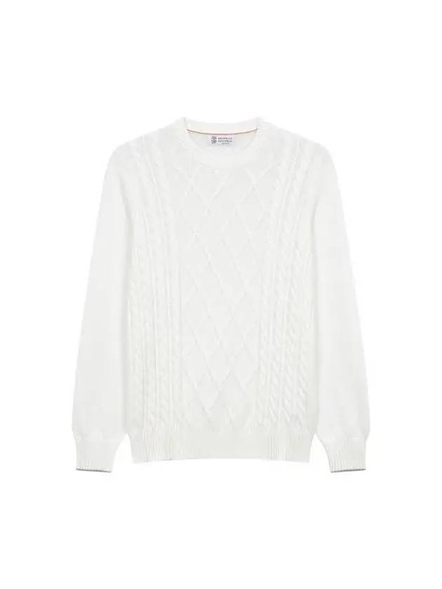 Men s Cable Cotton Crew Neck Knit White 271050 - BRUNELLO CUCINELLI - BALAAN 1