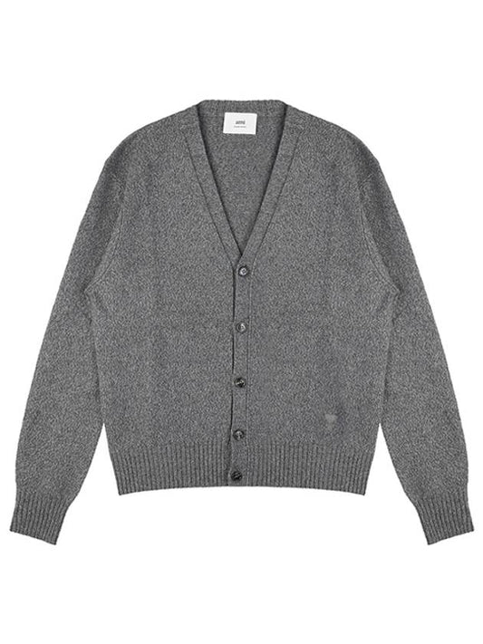 Heart Logo V Neck Cashmere Cardigan Heather Grey - AMI - BALAAN 2