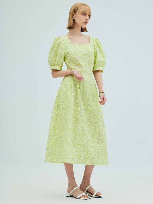 Square Neck Puff Sleeve Flare Long Dress Lime - OPENING SUNSHINE - BALAAN 2
