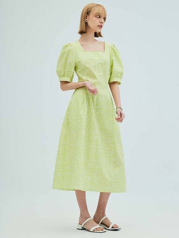 Square Neck Puff Sleeve Flare Long Dress Lime - OPENING SUNSHINE - BALAAN 1