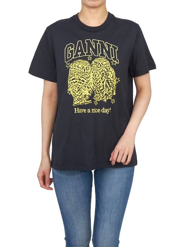 Owls Print Cotton Short Sleeve T-Shirt Black - GANNI - BALAAN 5