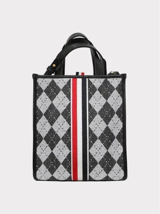 Webbing Stripe Argyle Wool Cotton Jacquard Small Tote Bag Black White - THOM BROWNE - BALAAN 2