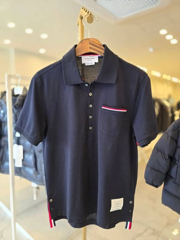 Men's Three Stripes Pocket Mercerized Short Sleeve Polo Shirt Navy - THOM BROWNE - BALAAN 3