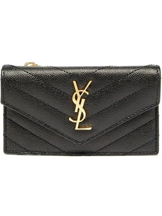 YSL Monogram Gold Tone Logo Zipper Slot Fold Quilted Leather Card Holder - SAINT LAURENT - BALAAN 1