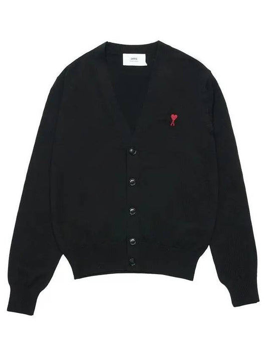 Red Heart Logo Merino Wool Cardigan Black - AMI - BALAAN 2