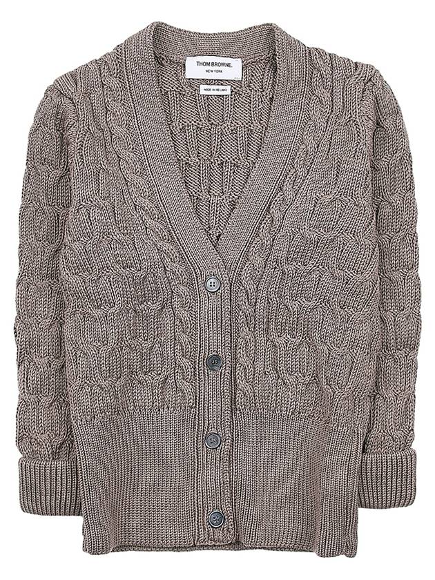 Merino Wool Crisscross Cable Stitch 3/4 Sleeve V-Neck Cardigan Medium Brown - THOM BROWNE - BALAAN 2