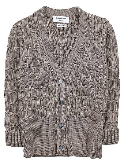 Merino Wool Crisscross Cable Stitch 3/4 Sleeve V-Neck Cardigan Medium Brown - THOM BROWNE - BALAAN 2