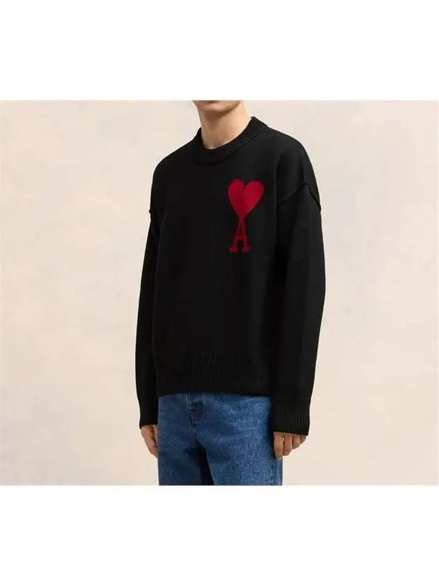 Intarsia Big Heart Logo Wool Knit Top Black - AMI - BALAAN 5