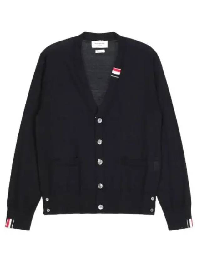 RWB tab detail V neck cardigan navy - THOM BROWNE - BALAAN 1