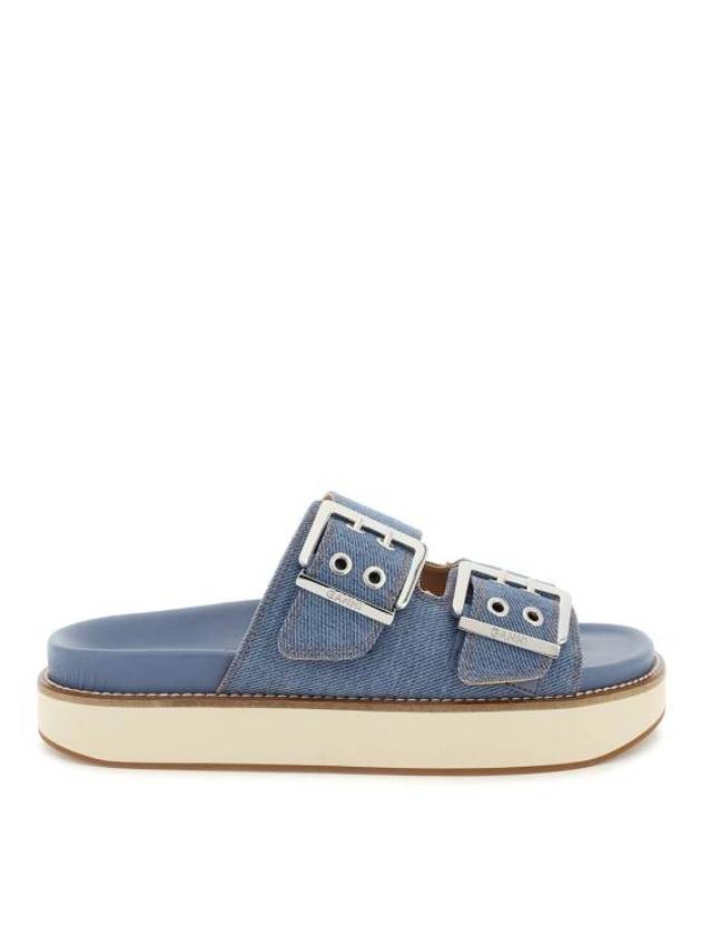 Double Buckle Strap Denim Slippers Blue - GANNI - BALAAN 2