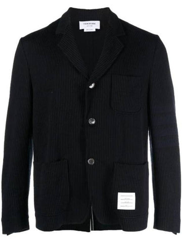 Men's 4 Bar Seesucker Loopback 4 Bar Sack Cardigan Navy - THOM BROWNE - BALAAN 1