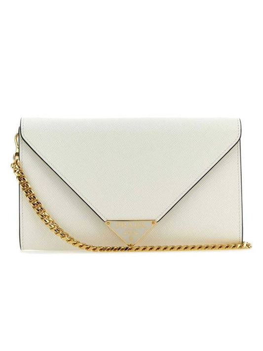 Triangle Logo Saffiano Chain Clutch Bag White - PRADA - BALAAN 1