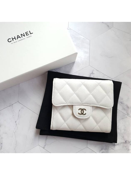 classic gold CC logo caviar flap bi-fold wallet white - CHANEL - BALAAN.
