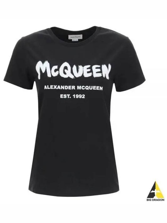 Women's Graffiti Logo Short Sleeve T-Shirt Black - ALEXANDER MCQUEEN - BALAAN 2