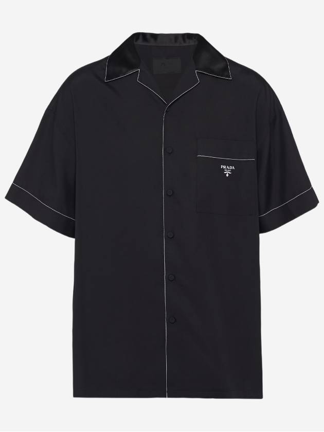 Logo Stitch Detail Silk Short Sleeve Shirt Black - PRADA - BALAAN 2