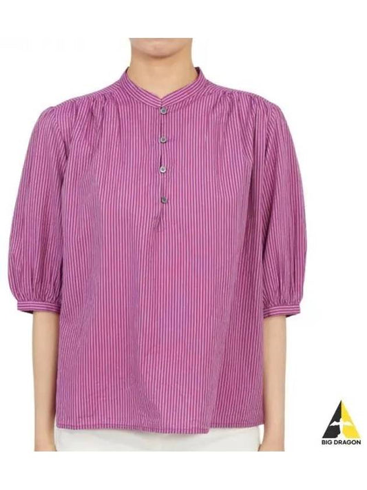 Women's Puff Sleeve Striped Cotton Blouse Purple - VANESSA BRUNO - BALAAN 2