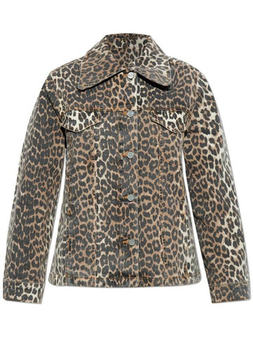 Ganni Denim Jacket With Animal Print, Women's, Beige - GANNI - BALAAN 1