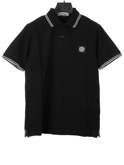 Men's Two Line Wappen Patch Cotton Short Sleeve Polo Shirt Black - STONE ISLAND - BALAAN 2