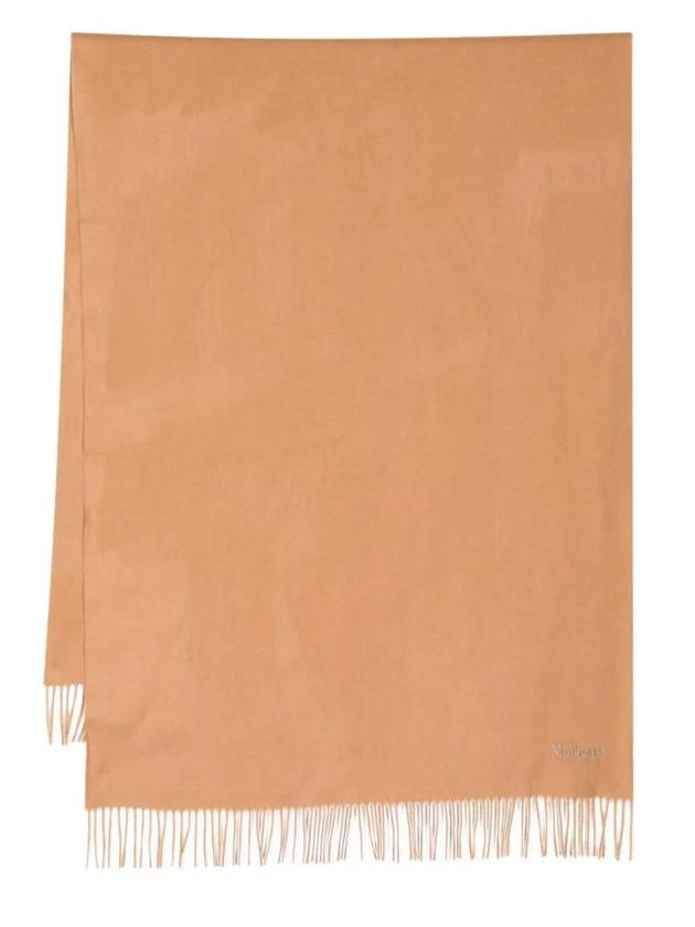 Embroidered Logo Fringed Wool Scarf Camel - MULBERRY - BALAAN 1