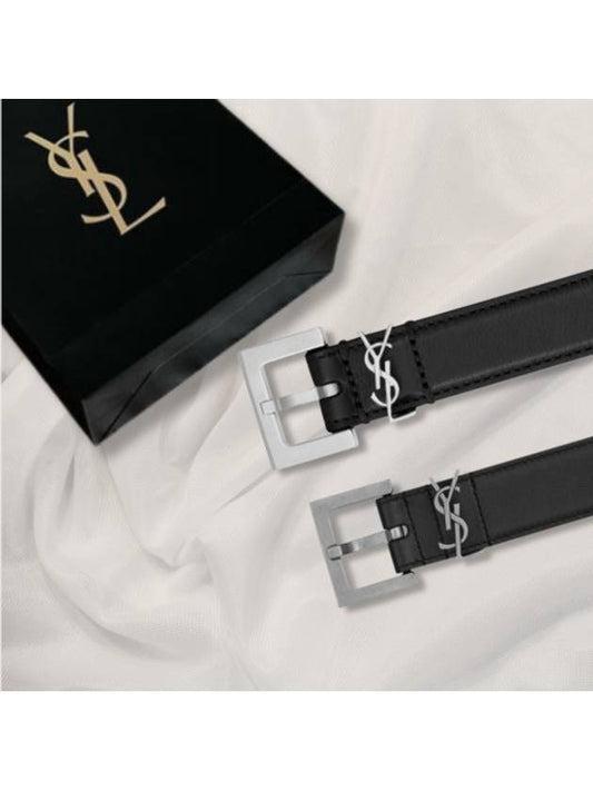 Square Buckle Monogram Leather Belt Black - SAINT LAURENT - BALAAN 2