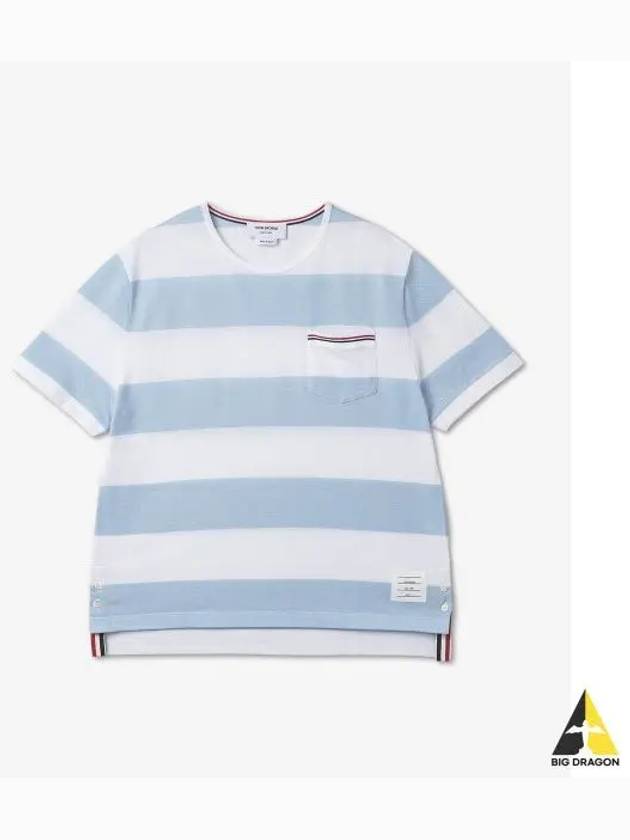 Men's Rugby Striped Pick Pocket Short Sleeve T-Shirt Light Blue White - THOM BROWNE - BALAAN 2