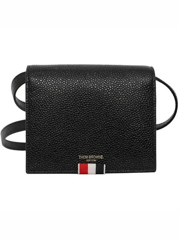 Pebble Calfskin Leather Card Holder With Strap Black - THOM BROWNE - BALAAN 1