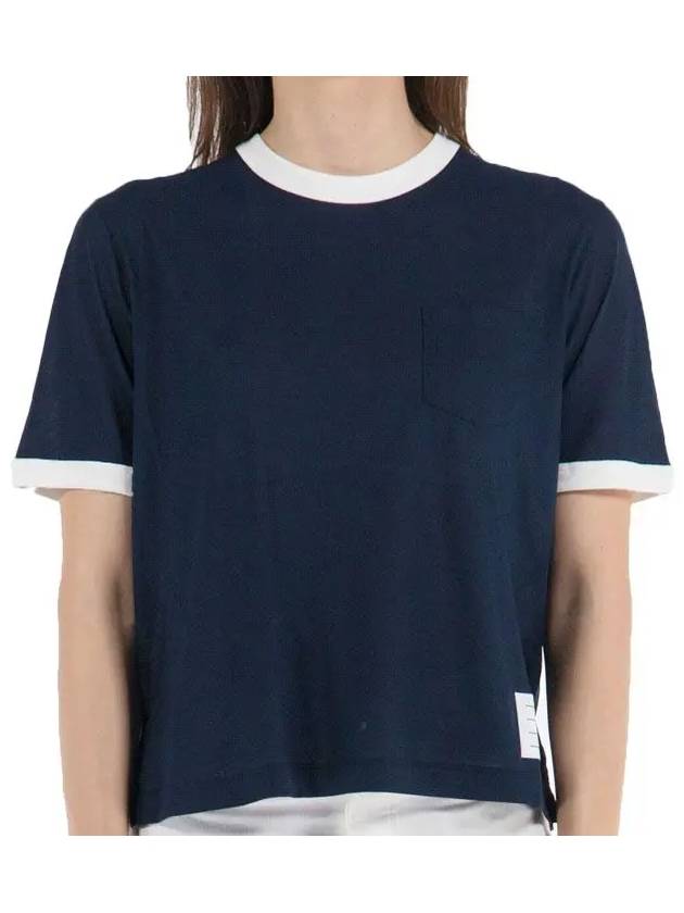 Women's Contrast Trimming Logo Patch Short Sleeve T-Shirt Navy - THOM BROWNE - BALAAN 2