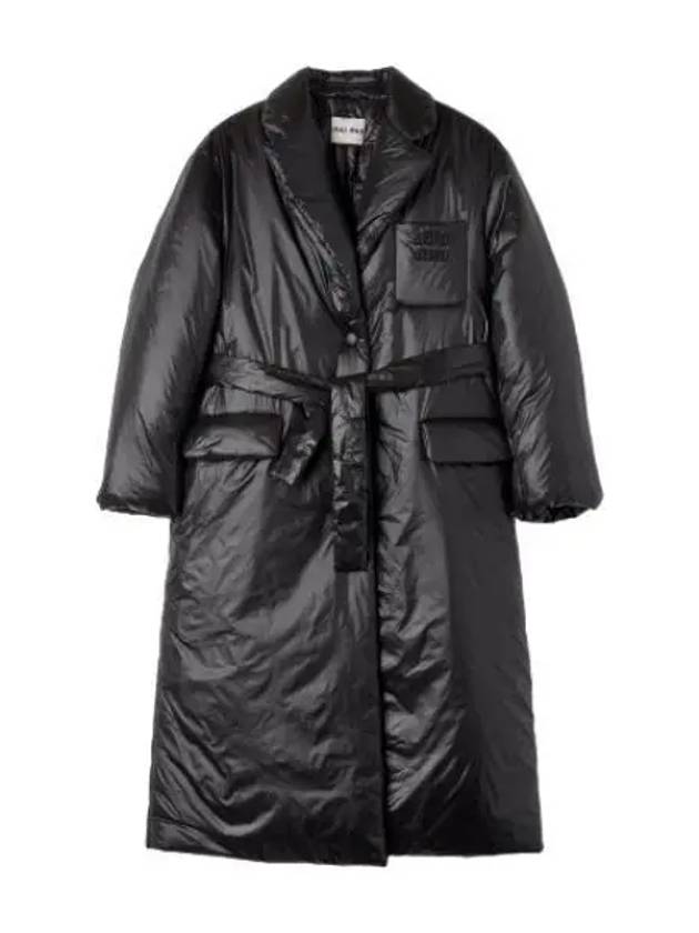 Belted nylon down coat black long padding - MIU MIU - BALAAN 1