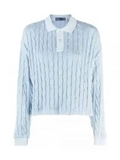 Embroidered Logo Pony Cable Long-Sleeve Collar Knit Top Blue - POLO RALPH LAUREN - BALAAN 2