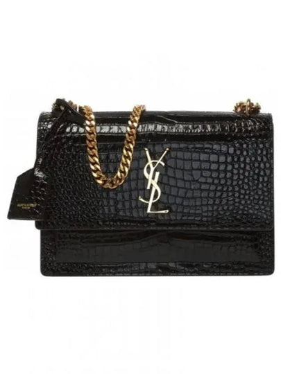 Gold Hardware Sunset Crocodile Embossed Leather Shoulder Bag Black - SAINT LAURENT - BALAAN 2