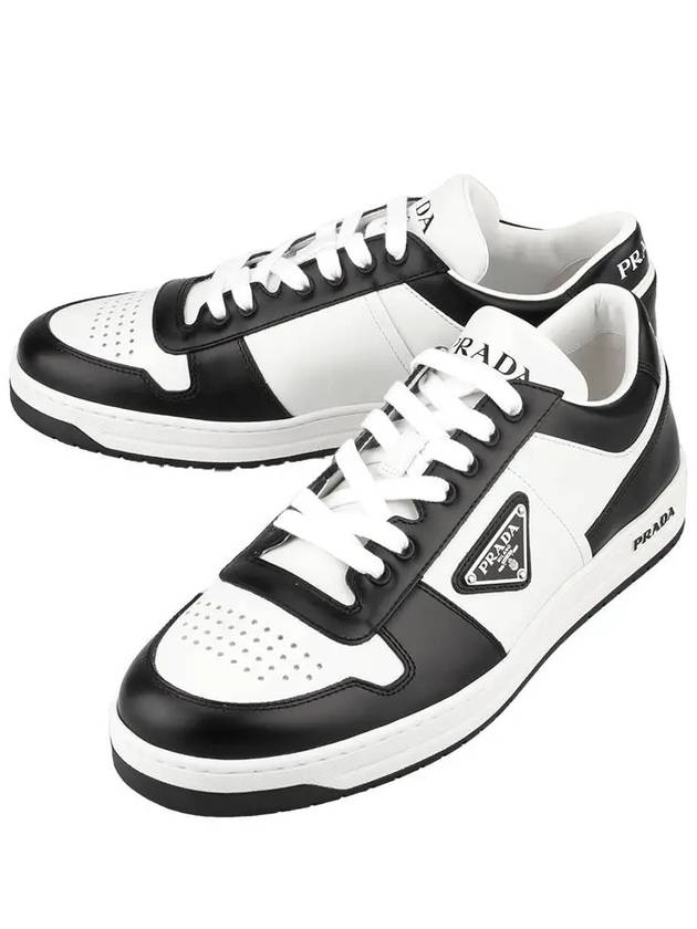 Men's Downtown Triangle Logo Leather Low Top Sneakers White Black - PRADA - BALAAN 3