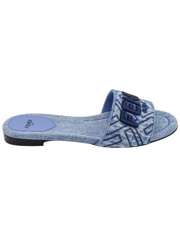 Logo Embroidered Denim Slide Slipper Blue - FENDI - BALAAN