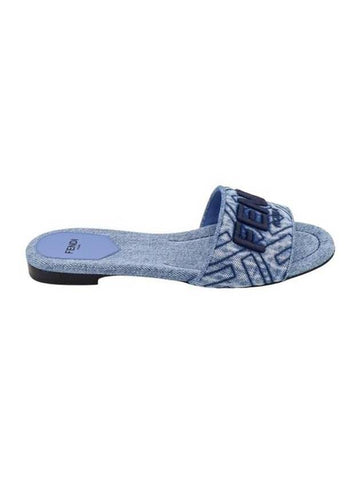 Embroidered Logo Denim Slide Slipper Blue - FENDI - BALAAN 1