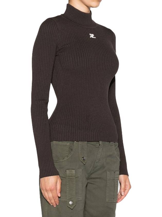 Embroidered Logo Mock Neck Rib Turtleneck Brown - COURREGES - BALAAN 3