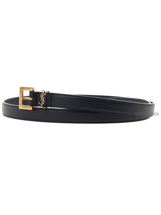 Cassandre Grained Leather Square Buckle Thin Belt Black - SAINT LAURENT - BALAAN 3