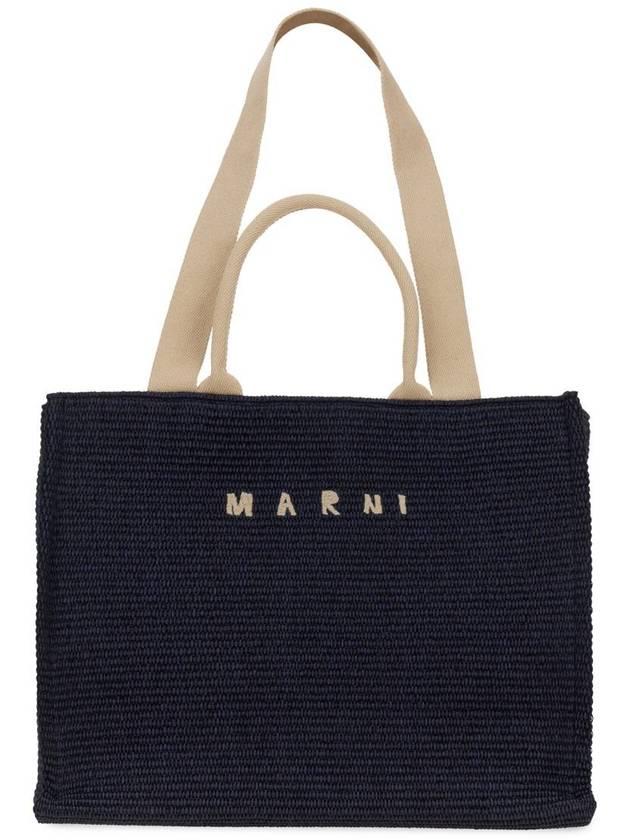 Embroidered Logo Raffia Tote Bag Navy - MARNI - BALAAN 7