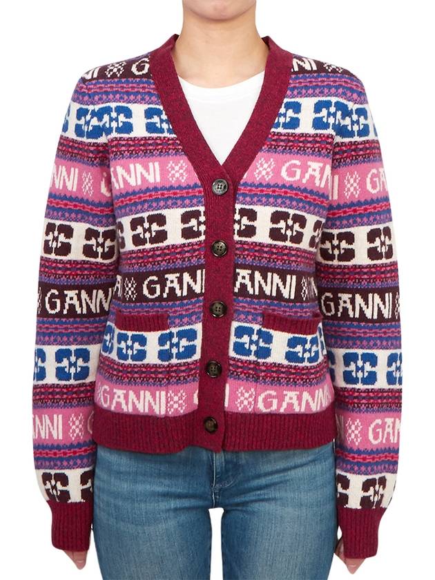 Intarsia Logo V-Neck Wool Mix Cardigan Pink - GANNI - BALAAN 2