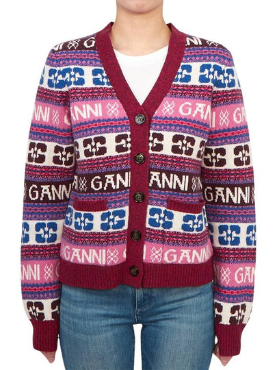 Intarsia Logo V-Neck Wool Mix Cardigan Pink - GANNI - BALAAN 2