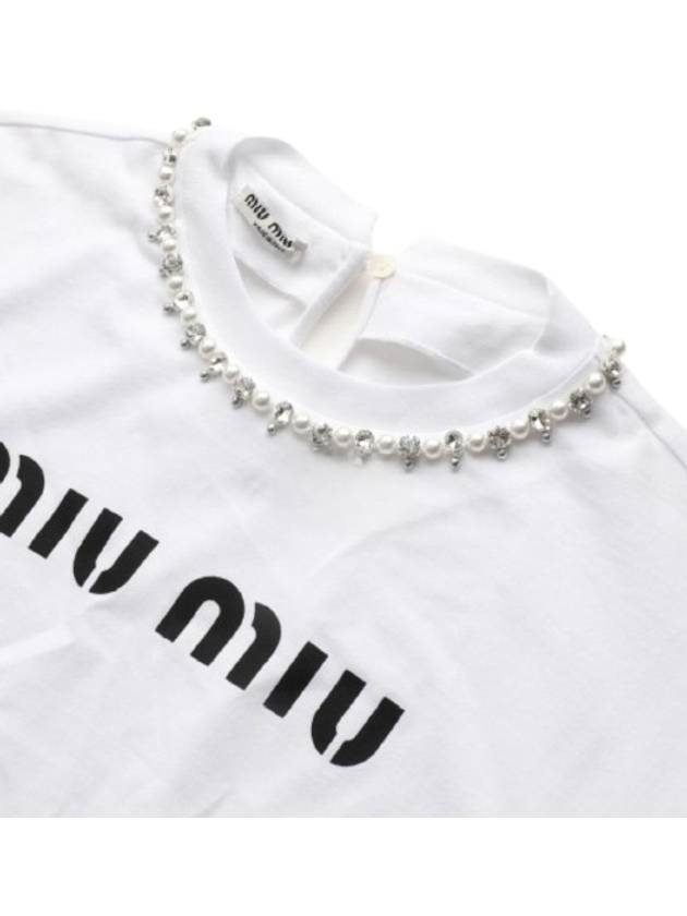 Women's Crystal Neck Overfit Short Sleeve T-Shirt White - MIU MIU - BALAAN 5