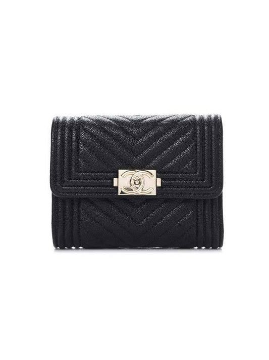 Boy Chevron Caviar Gold Ring Wallet Black - CHANEL - BALAAN.