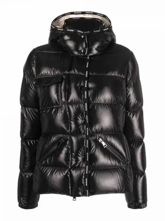 FLUMET Arm Logo Patch Hooded Short Down Jacket Glossy Black Women s Padding 233350 - MONCLER - BALAAN 1