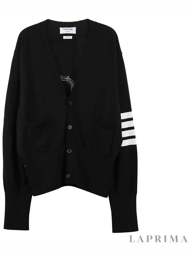 Men's 4 Bar Mr. Tom Icon Intarsia Bag Classic Merino Wool Cardigan Black - THOM BROWNE - BALAAN 9