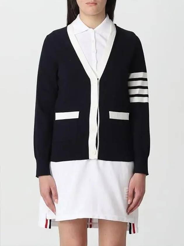 Cotton Hector Pointelle 4 Bar V Neck Cardigan Navy - THOM BROWNE - BALAAN 5