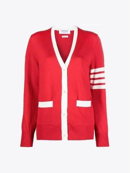 Cotton Hector Pointelle 4-Bar V-Neck Cardigan Red - THOM BROWNE - BALAAN 2