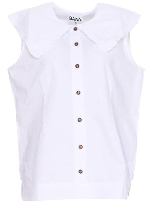 Ruffle Collar Button Sleeveless Shirt White - GANNI - BALAAN.