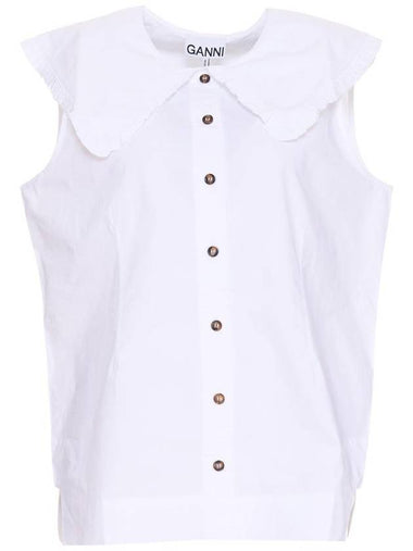 Ruffle Collar Button Sleeveless Shirt White - GANNI - BALAAN 1