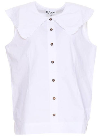 Ruffle Collar Button Sleeveless Shirt White - GANNI - BALAAN 1