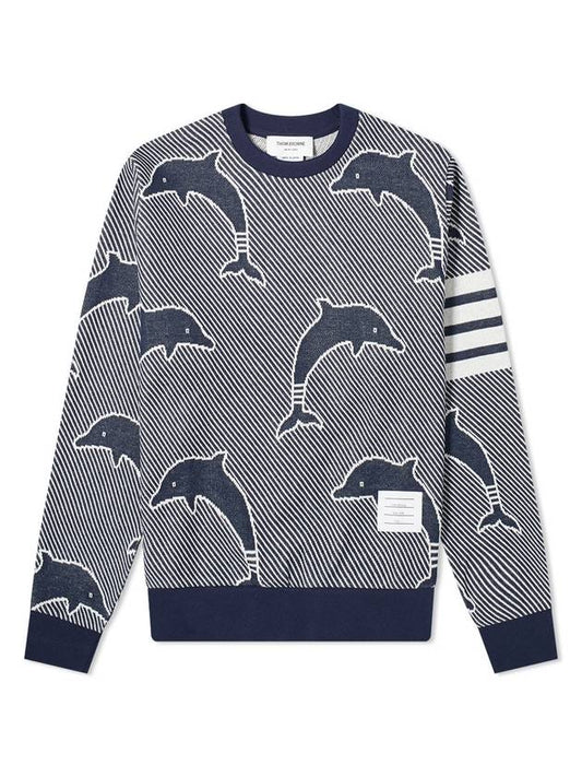 Dolphin Jacquard Icon Crew Neck 4 Bar Sweatshirt Navy - THOM BROWNE - BALAAN 1