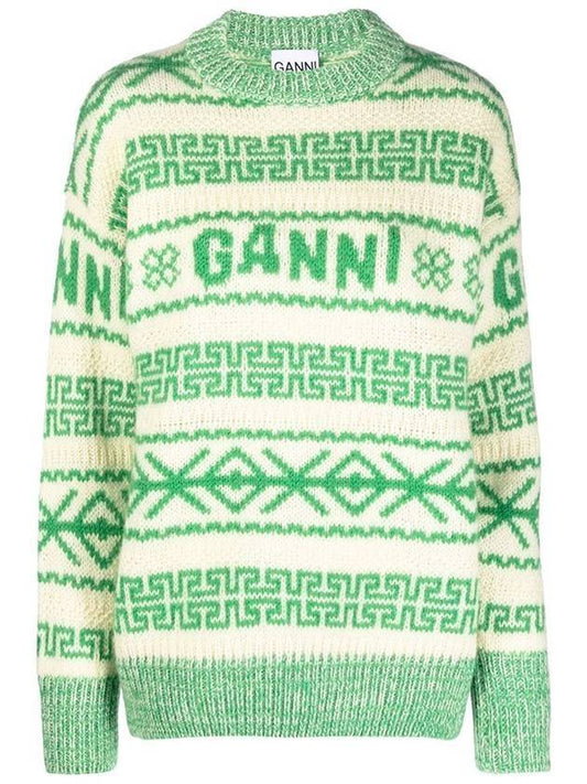 jacquard woven logo orc wool knit top green - GANNI - BALAAN.