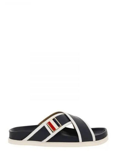 Vitello Calfskin Leather Enamel Buckle Criss Cross Sandal Navy - THOM BROWNE - BALAAN 2